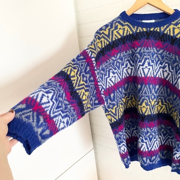 Vintage Knit Sweater Benetton Fair Isle Southwestern Cobalt blue Mohair - Picture 6 of 11